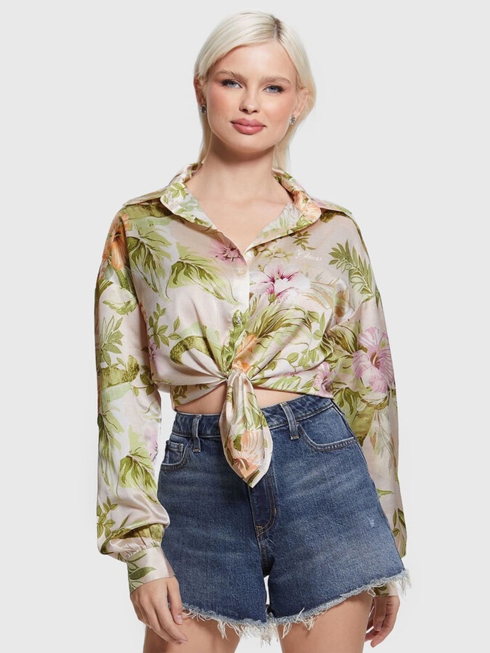 Guess Jun Floral Tie-Front Satin Crop Shirt Eco Button-Up Bow Blouse Size Medium